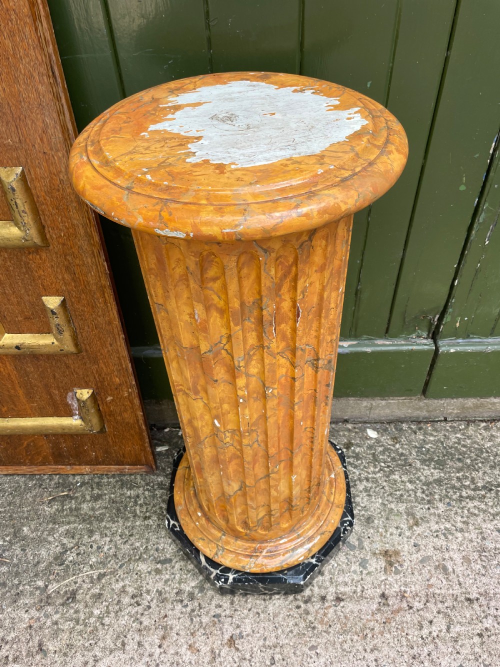 C19th simulated faux ‘giallo antico’ simulated marble wooden fluted classical column sculpture display stand . View VIII