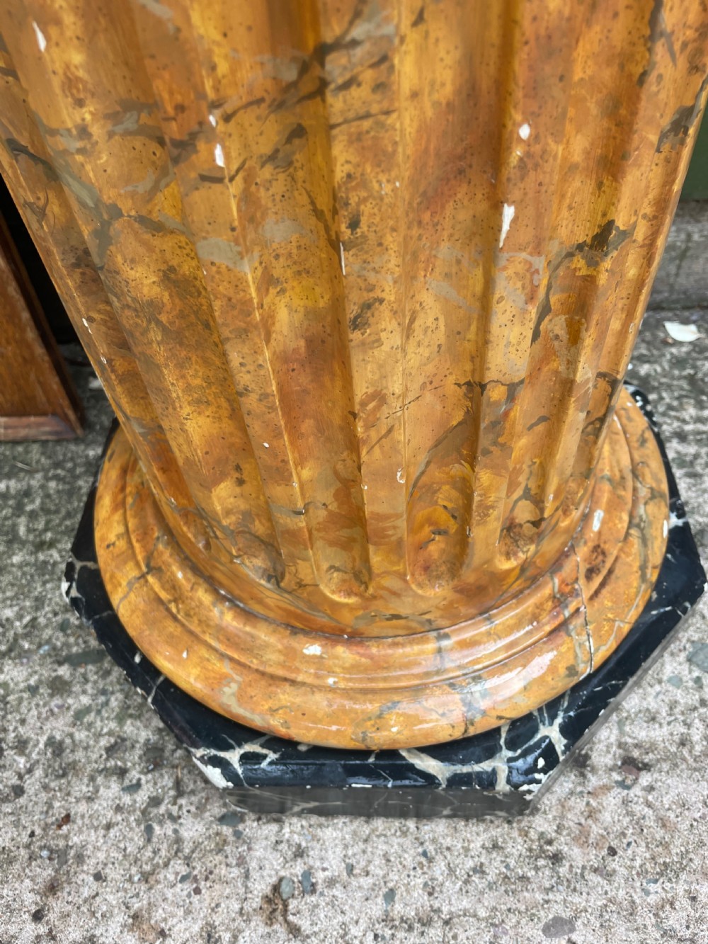 C19th simulated faux ‘giallo antico’ simulated marble wooden fluted classical column sculpture display stand . View IX