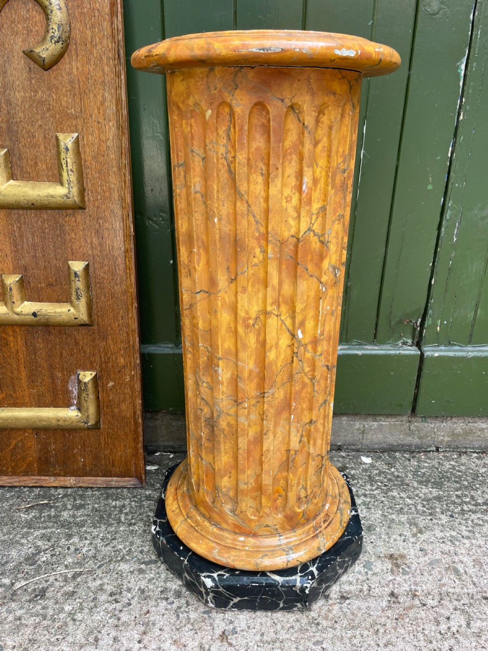 C19th simulated faux ‘giallo antico’ simulated marble wooden fluted classical column sculpture display stand . View X