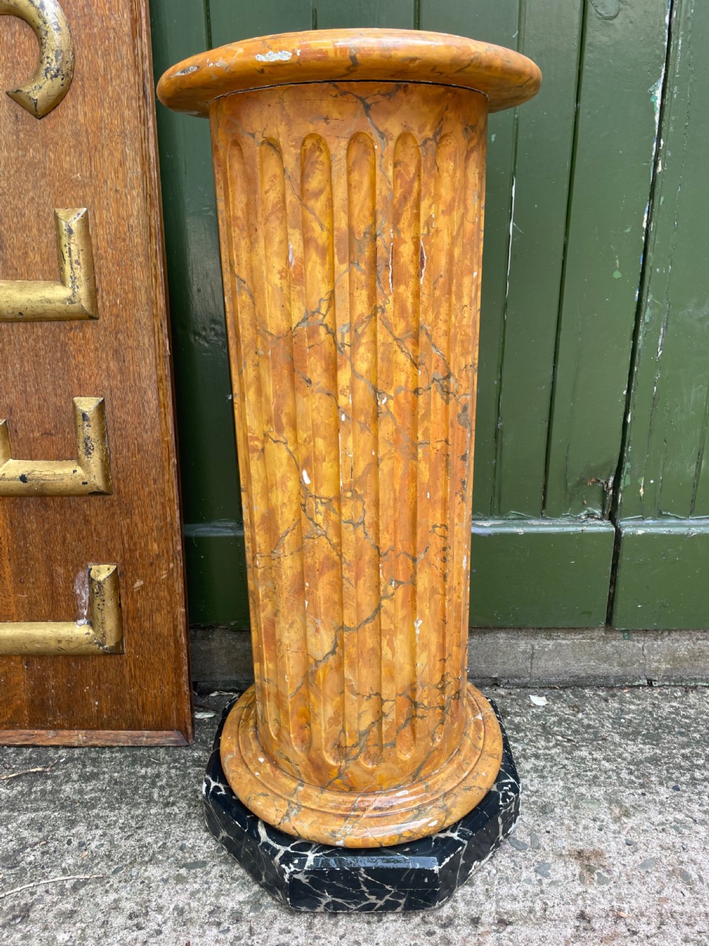 C19th simulated faux ‘giallo antico’ simulated marble wooden fluted classical column sculpture display stand . View XI