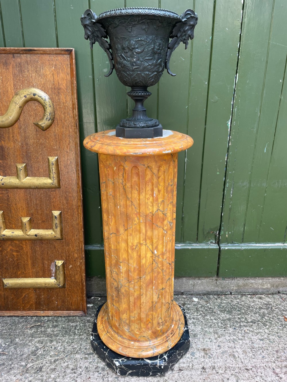 C19th simulated faux ‘giallo antico’ simulated marble wooden fluted classical column sculpture display stand . View XII