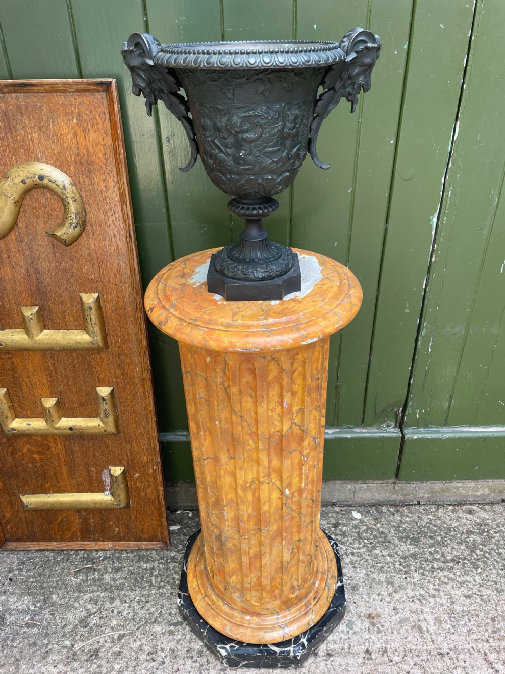 C19th simulated faux ‘giallo antico’ simulated marble wooden fluted classical column sculpture display stand . View XIII