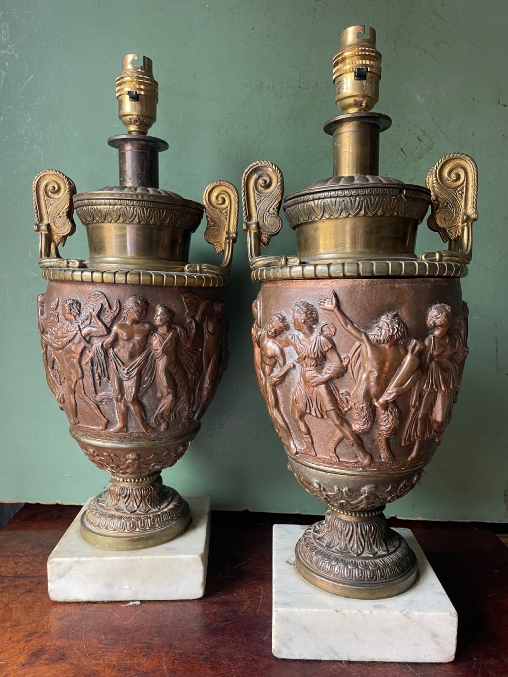 Pair of late C19th gilded and patinated brass table lamps modelled in the ‘Grand Tour’ taste in the form of ancient classical volute krater vases . 