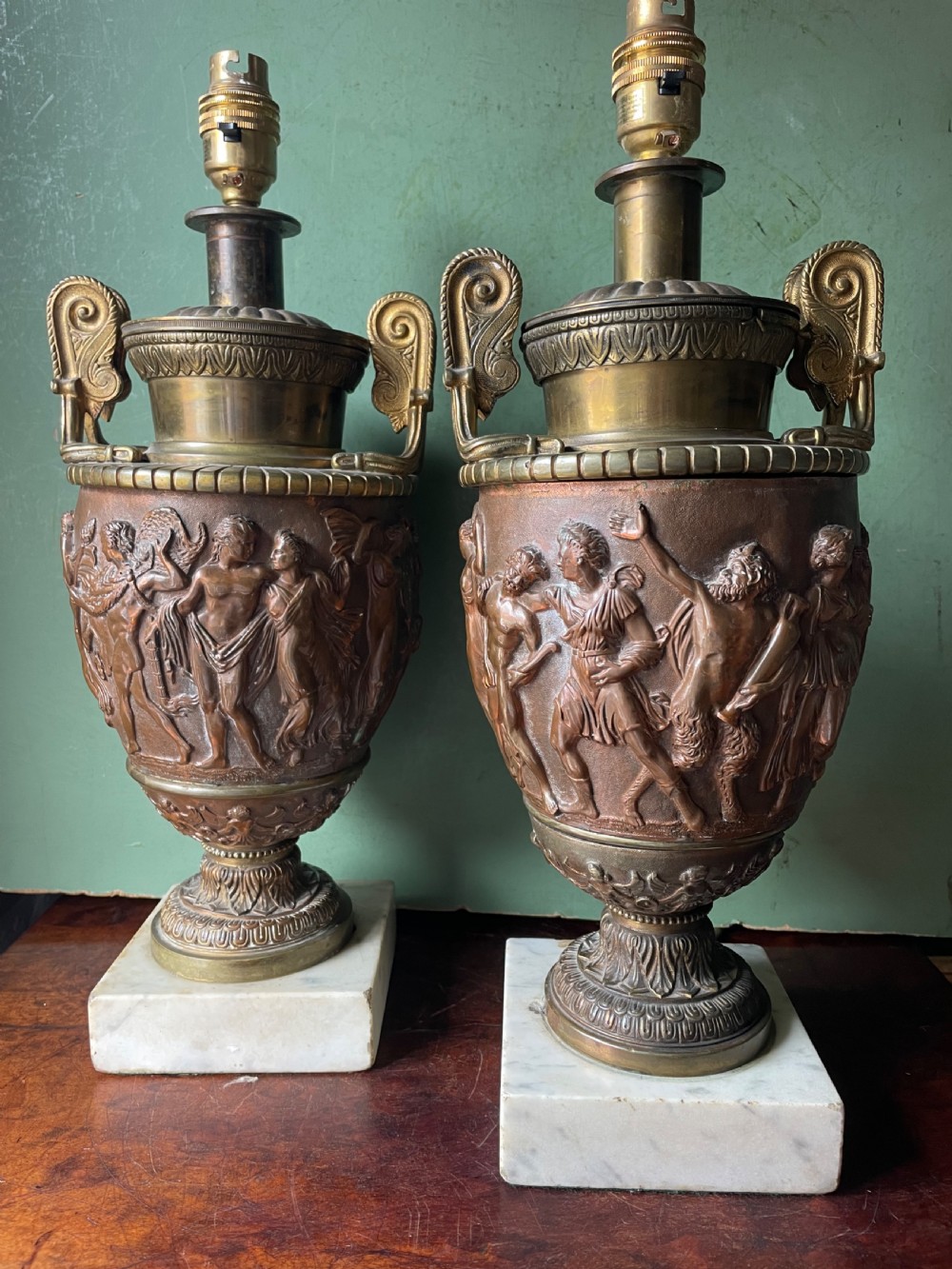 Pair of late C19th gilded and patinated brass table lamps modelled in the ‘Grand Tour’ taste in the form of ancient classical volute krater vases .  View II