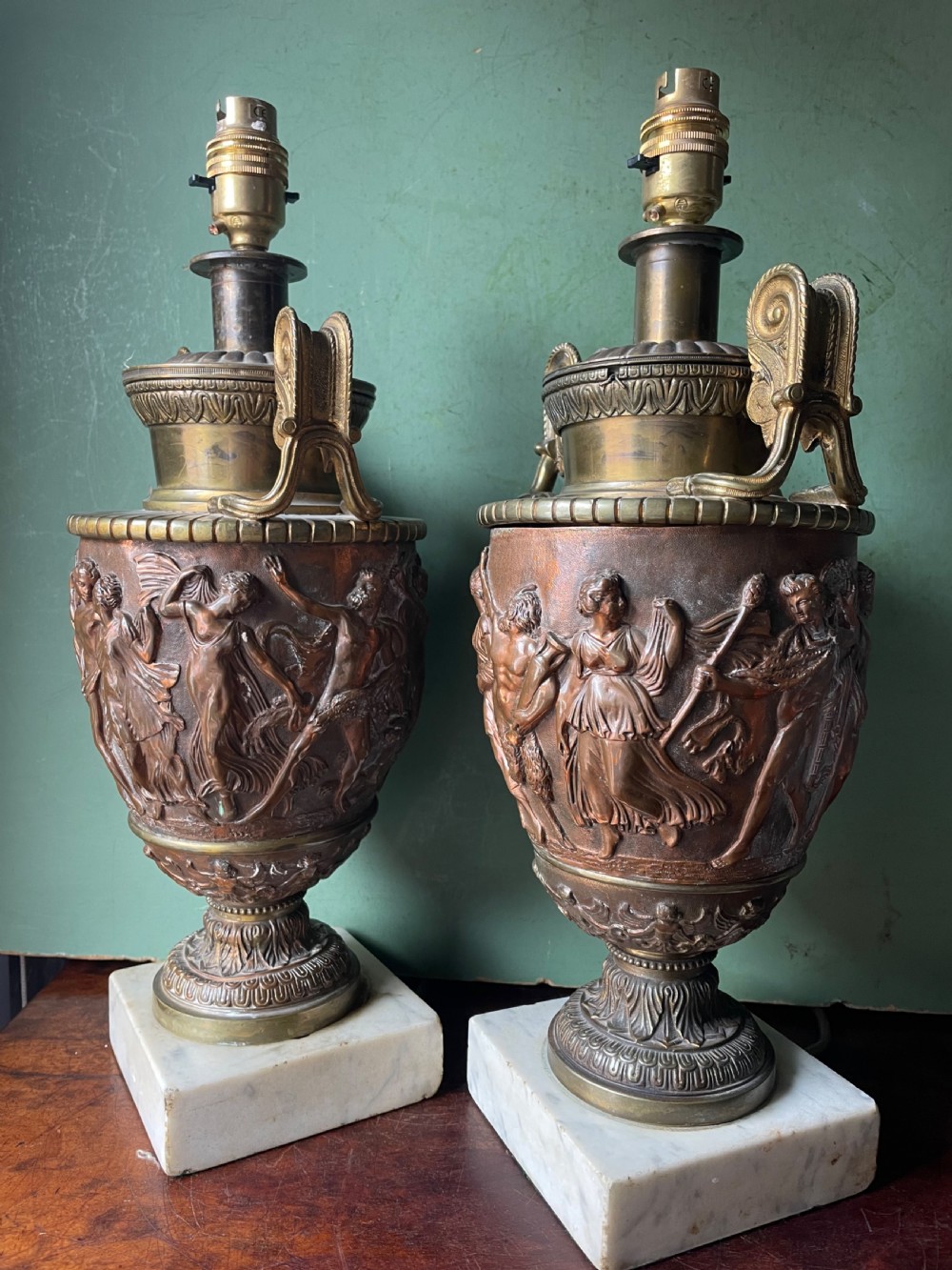 Pair of late C19th gilded and patinated brass table lamps modelled in the ‘Grand Tour’ taste in the form of ancient classical volute krater vases .  View III