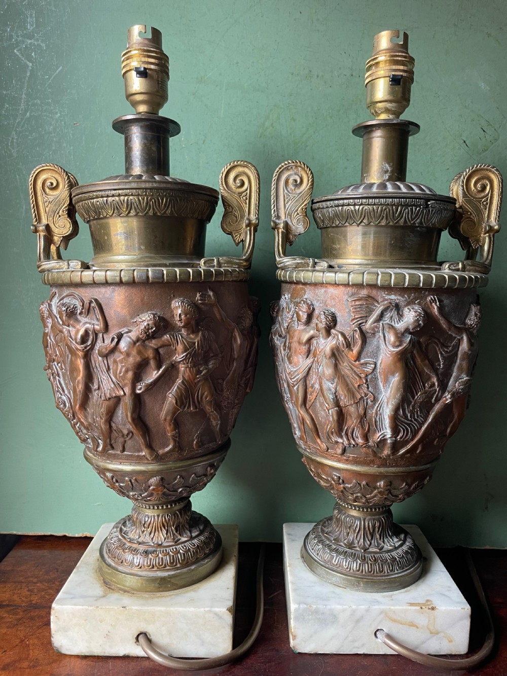 Pair of late C19th gilded and patinated brass table lamps modelled in the ‘Grand Tour’ taste in the form of ancient classical volute krater vases .  View V