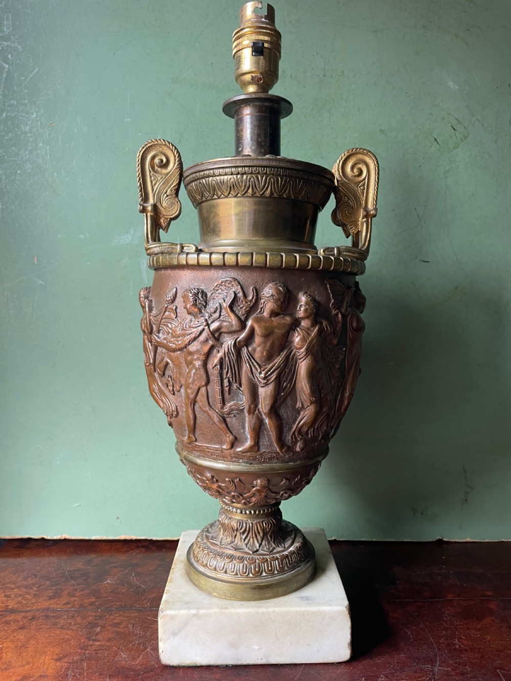 Pair of late C19th gilded and patinated brass table lamps modelled in the ‘Grand Tour’ taste in the form of ancient classical volute krater vases .  View VI