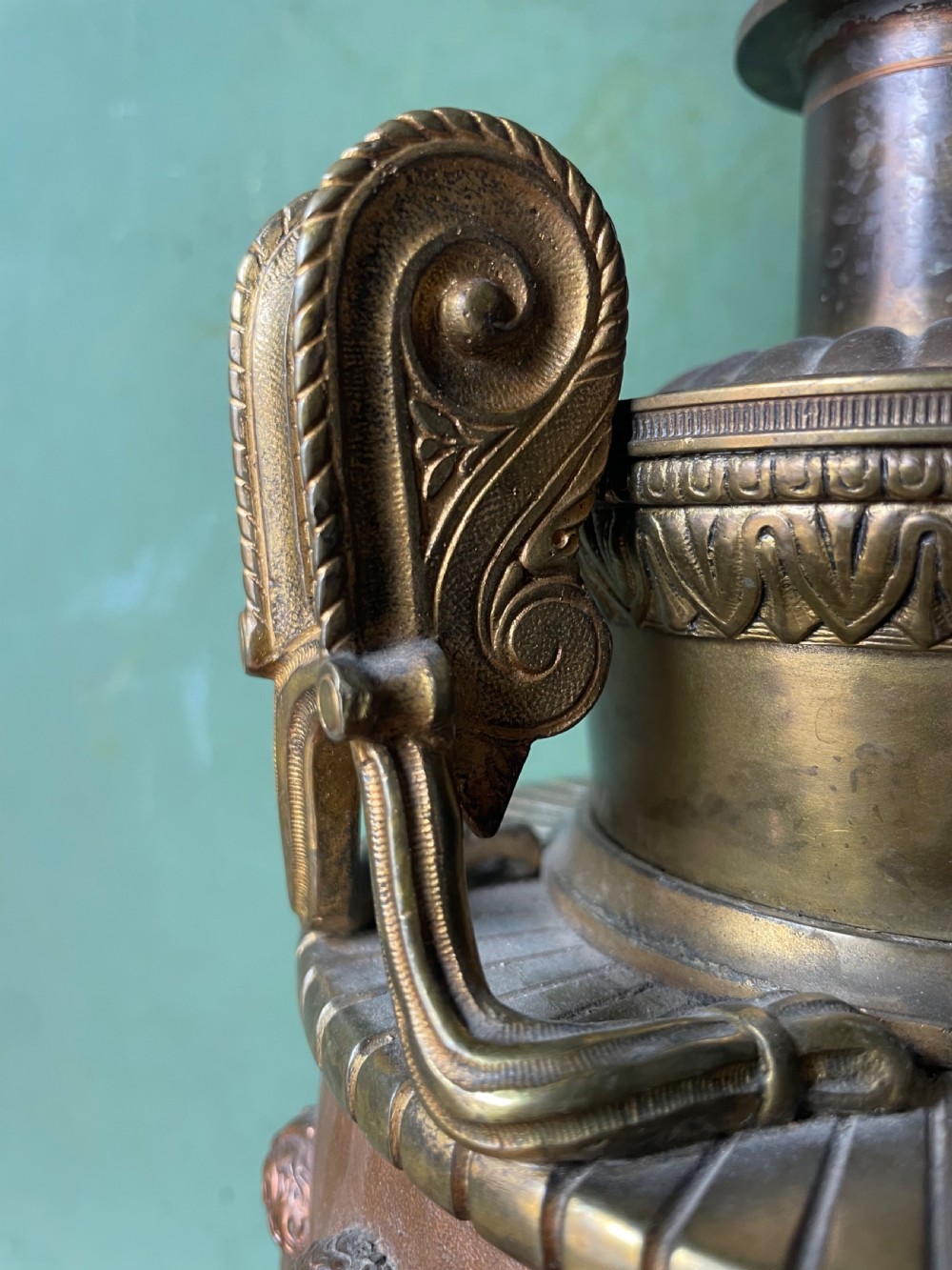 Pair of late C19th gilded and patinated brass table lamps modelled in the ‘Grand Tour’ taste in the form of ancient classical volute krater vases .  View VII