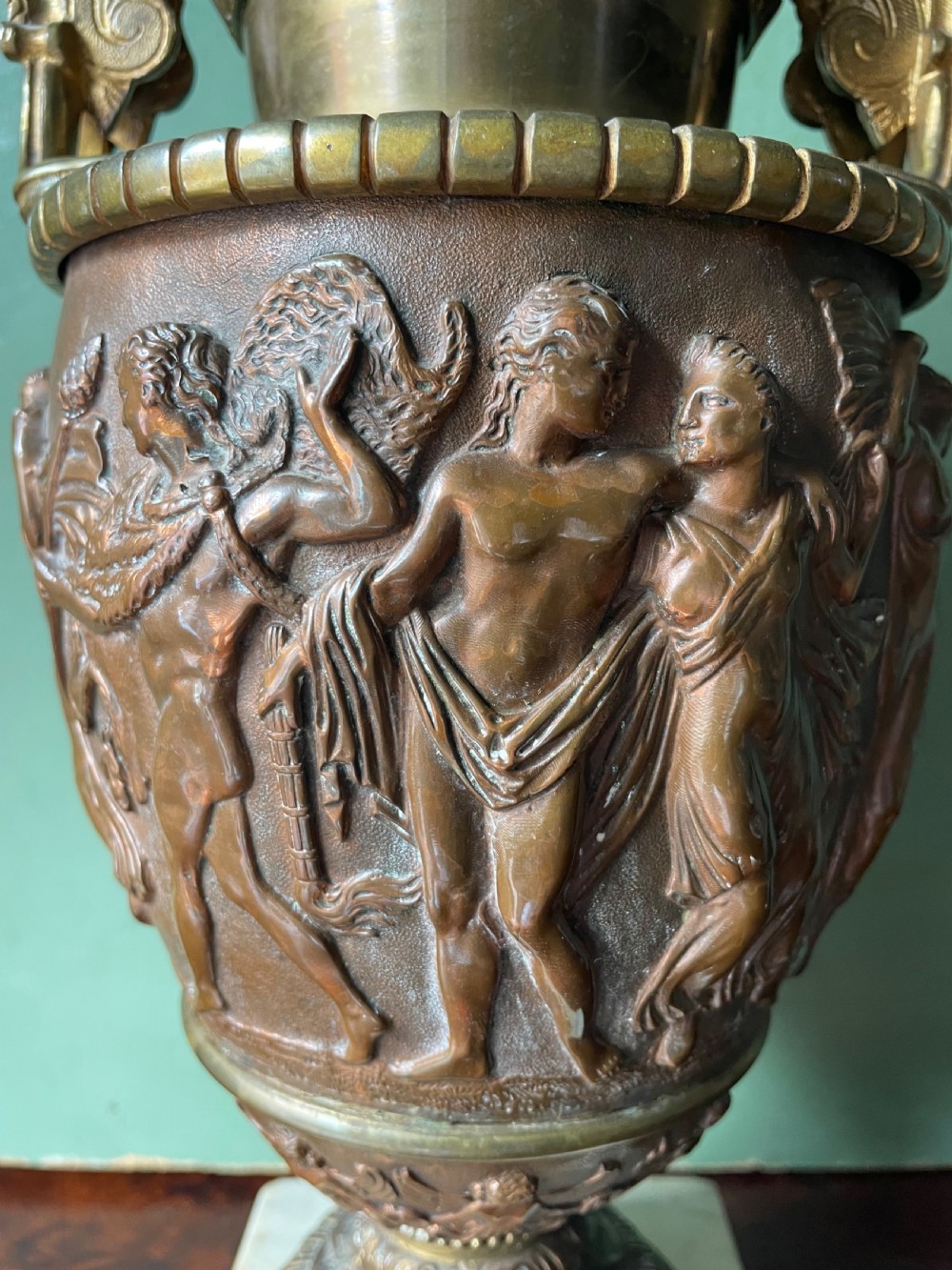 Pair of late C19th gilded and patinated brass table lamps modelled in the ‘Grand Tour’ taste in the form of ancient classical volute krater vases .  View VIII