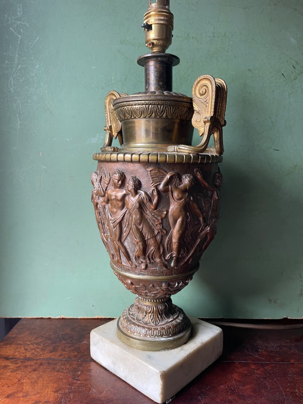 Pair of late C19th gilded and patinated brass table lamps modelled in the ‘Grand Tour’ taste in the form of ancient classical volute krater vases .  View X