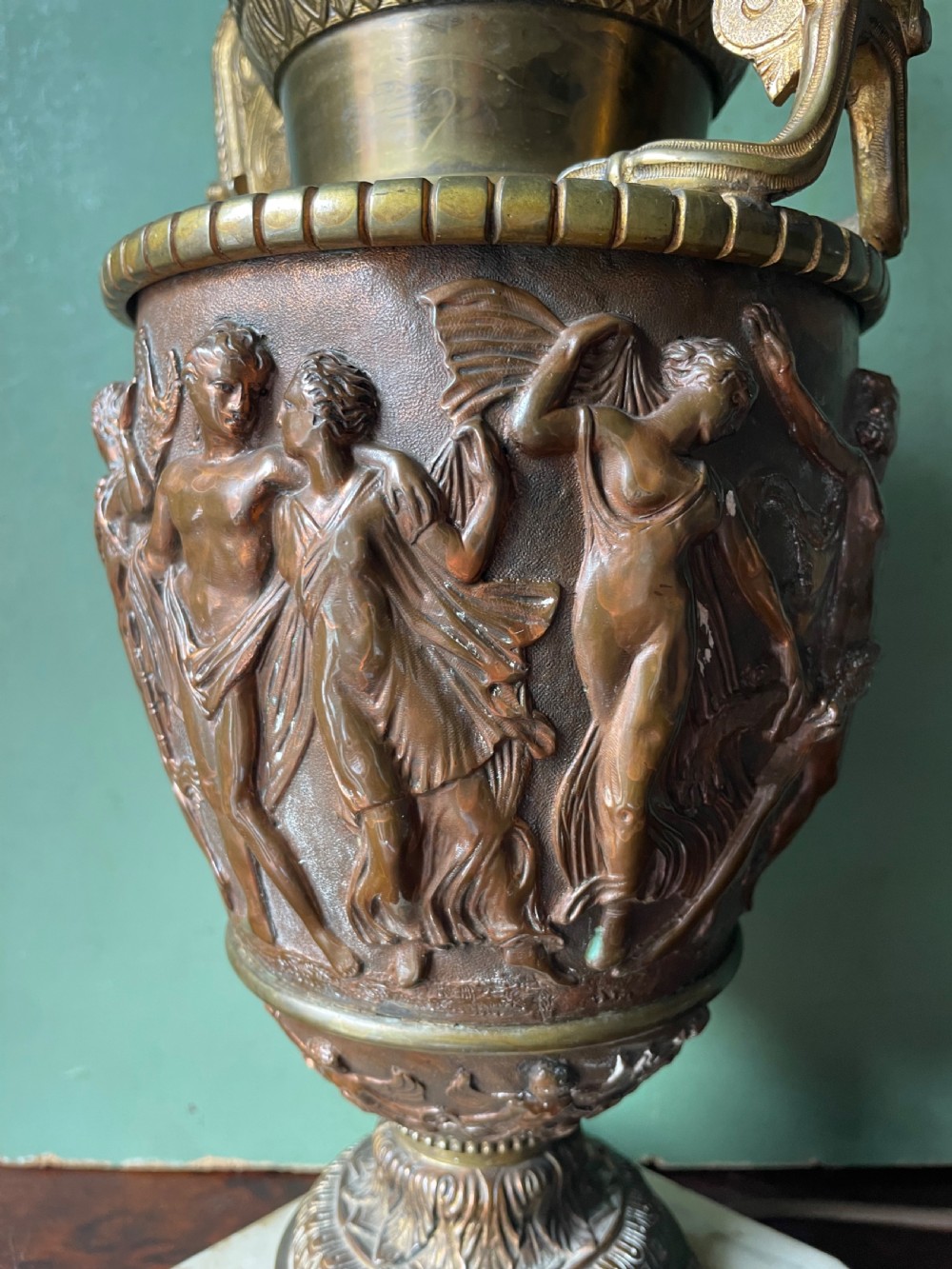 Pair of late C19th gilded and patinated brass table lamps modelled in the ‘Grand Tour’ taste in the form of ancient classical volute krater vases .  View XI