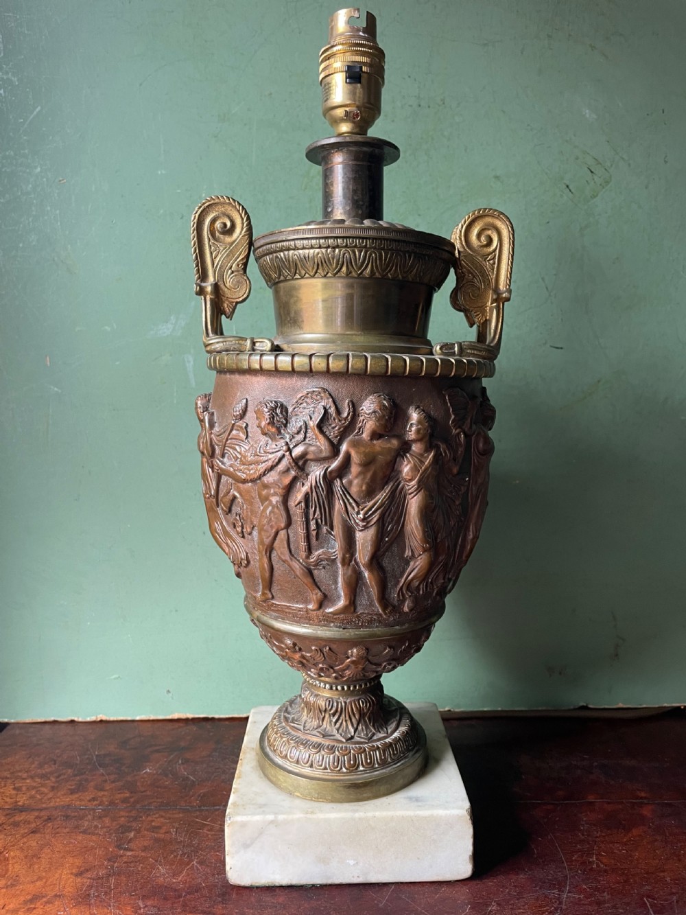 Pair of late C19th gilded and patinated brass table lamps modelled in the ‘Grand Tour’ taste in the form of ancient classical volute krater vases .  View XII