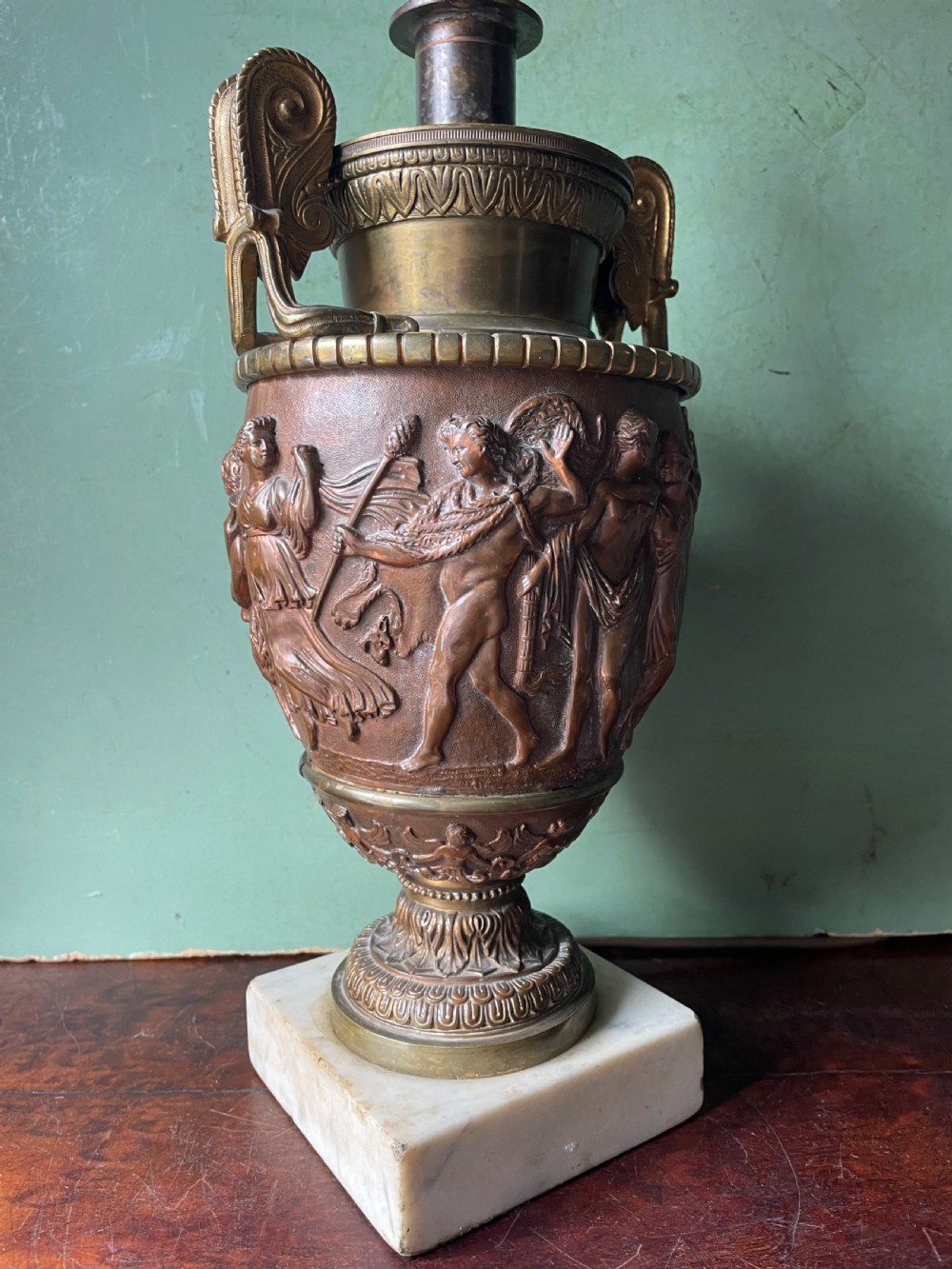 Pair of late C19th gilded and patinated brass table lamps modelled in the ‘Grand Tour’ taste in the form of ancient classical volute krater vases .  View XIV