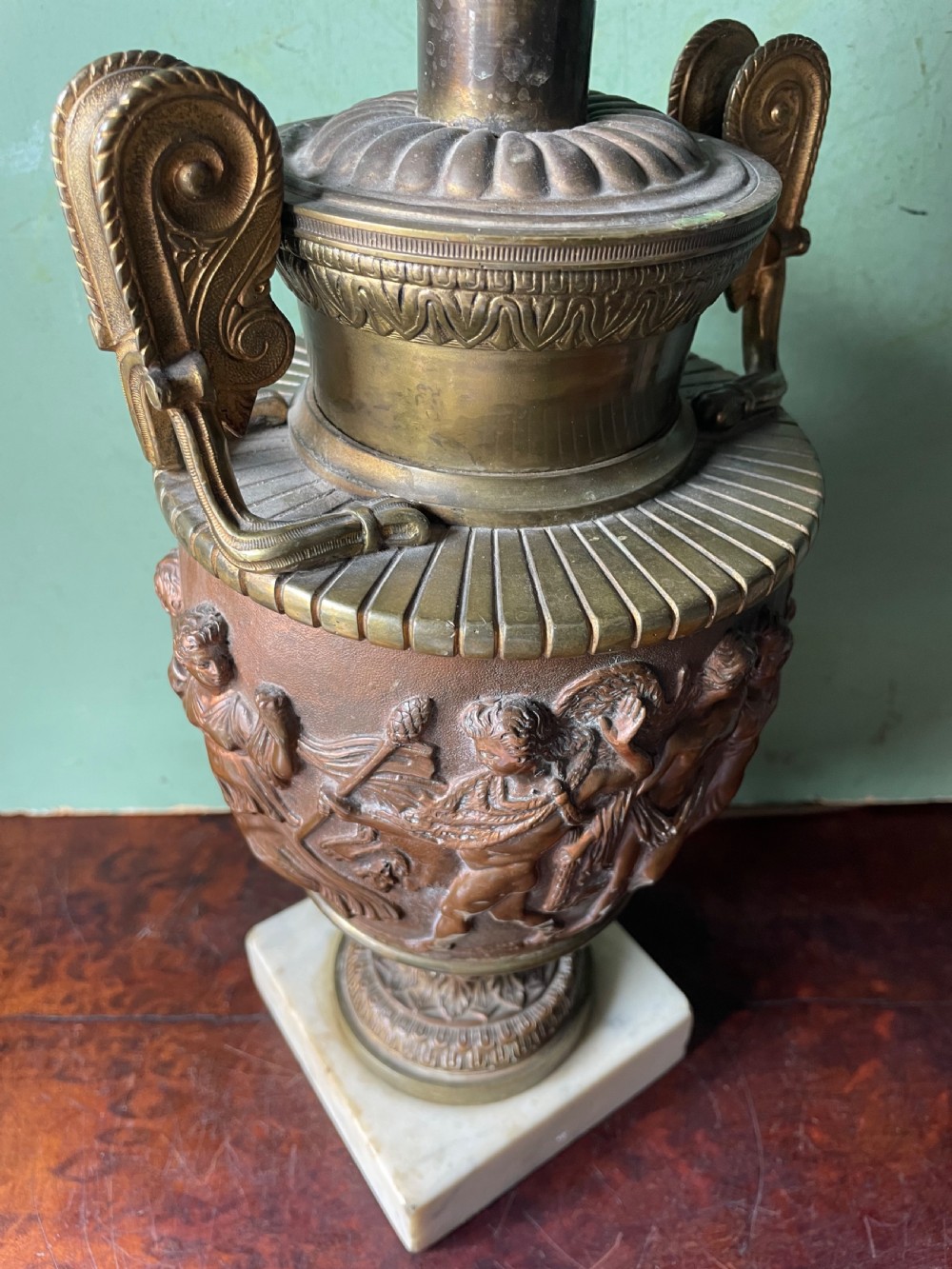 Pair of late C19th gilded and patinated brass table lamps modelled in the ‘Grand Tour’ taste in the form of ancient classical volute krater vases .  View XV