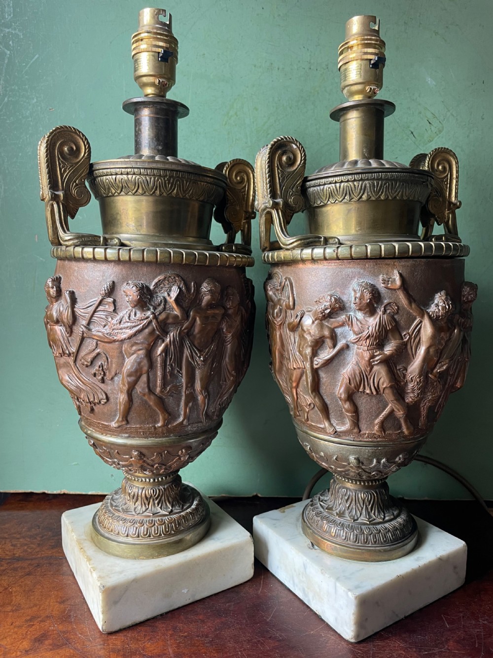 Pair of late C19th gilded and patinated brass table lamps modelled in the ‘Grand Tour’ taste in the form of ancient classical volute krater vases .  View XVI