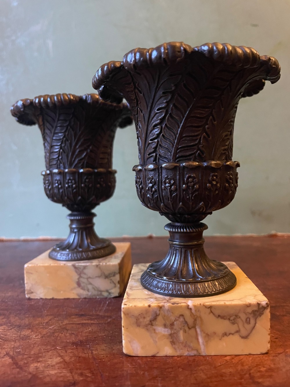 Finely cast pair of early C19th small-scale bronze classical campana-shaped vases on ‘giallo di siena’ marble block bases . View VI