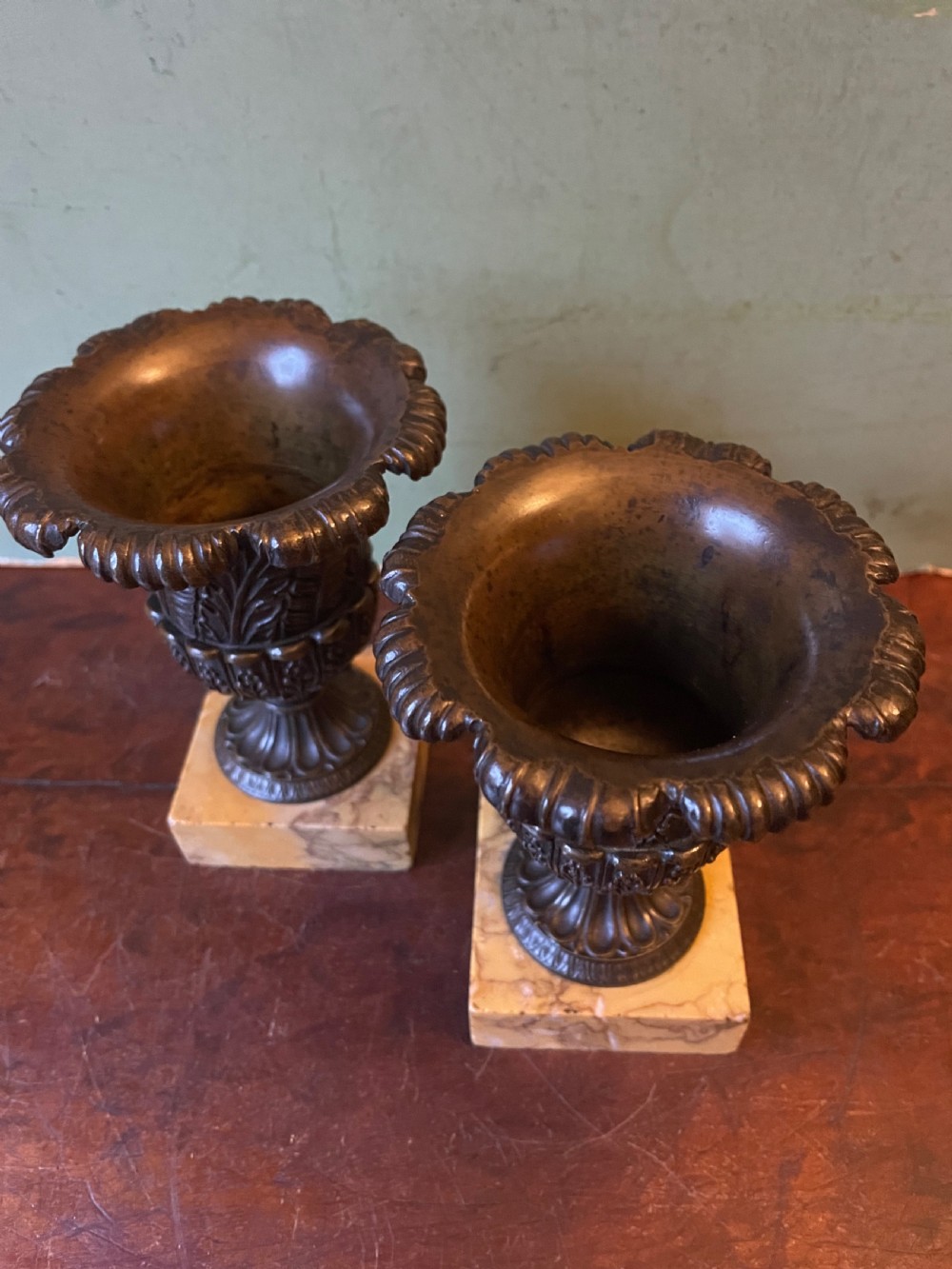 Finely cast pair of early C19th small-scale bronze classical campana-shaped vases on ‘giallo di siena’ marble block bases . View VII