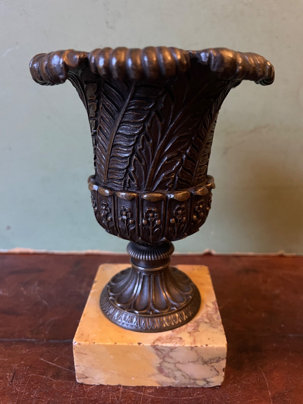 Finely cast pair of early C19th small-scale bronze classical campana-shaped vases on ‘giallo di siena’ marble block bases . View VIII