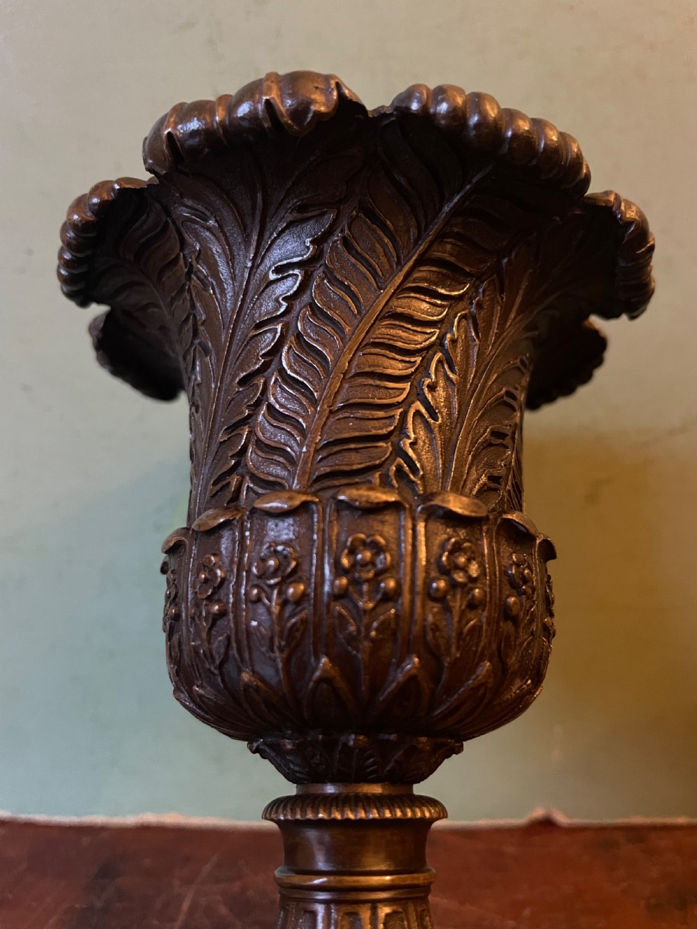 Finely cast pair of early C19th small-scale bronze classical campana-shaped vases on ‘giallo di siena’ marble block bases . View X