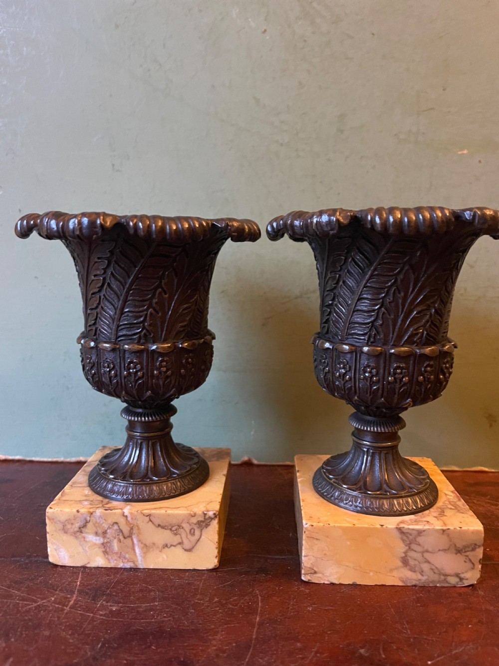 Finely cast pair of early C19th small-scale bronze classical campana-shaped vases on ‘giallo di siena’ marble block bases . View XI