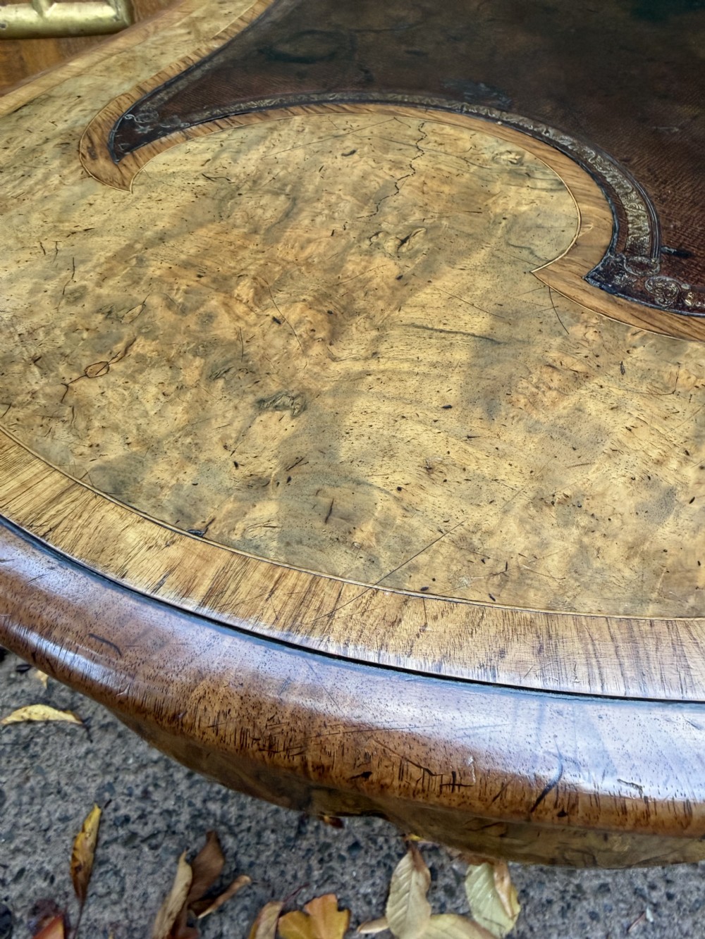 A mid-19th-century kidney-shaped burr walnut writing table with an inset leather surface and cast ormolu mounts on cabriole legs. View XV