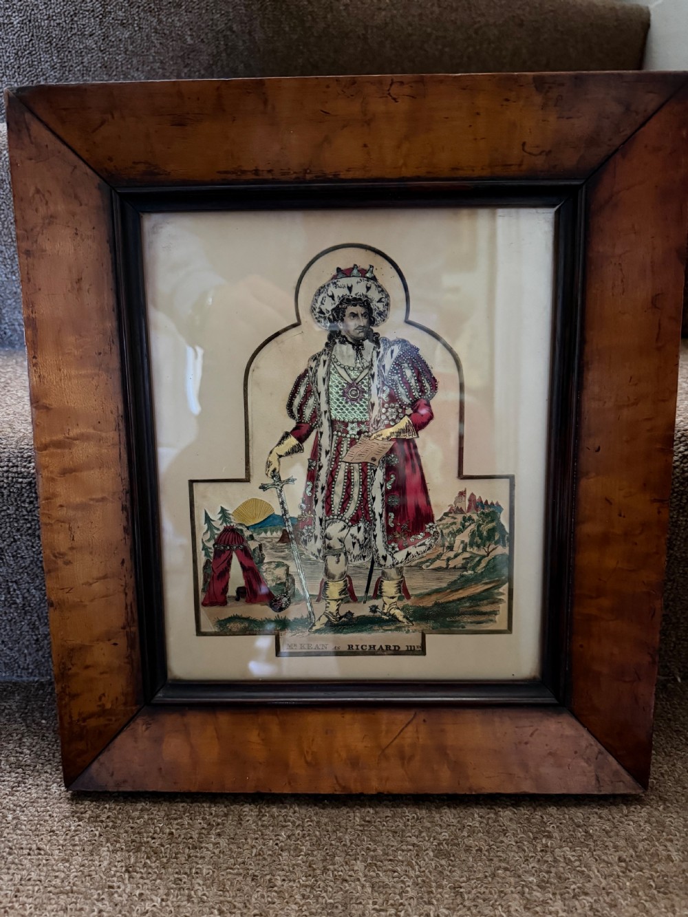 Six early to mid-19th-century framed theatrical tinsel prints displaying costumed figures within various wooden and gilt frames. View III