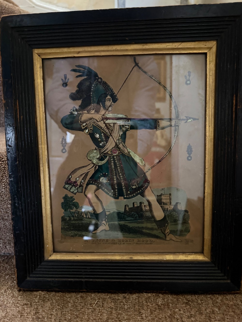 Six early to mid-19th-century framed theatrical tinsel prints displaying costumed figures within various wooden and gilt frames. View V