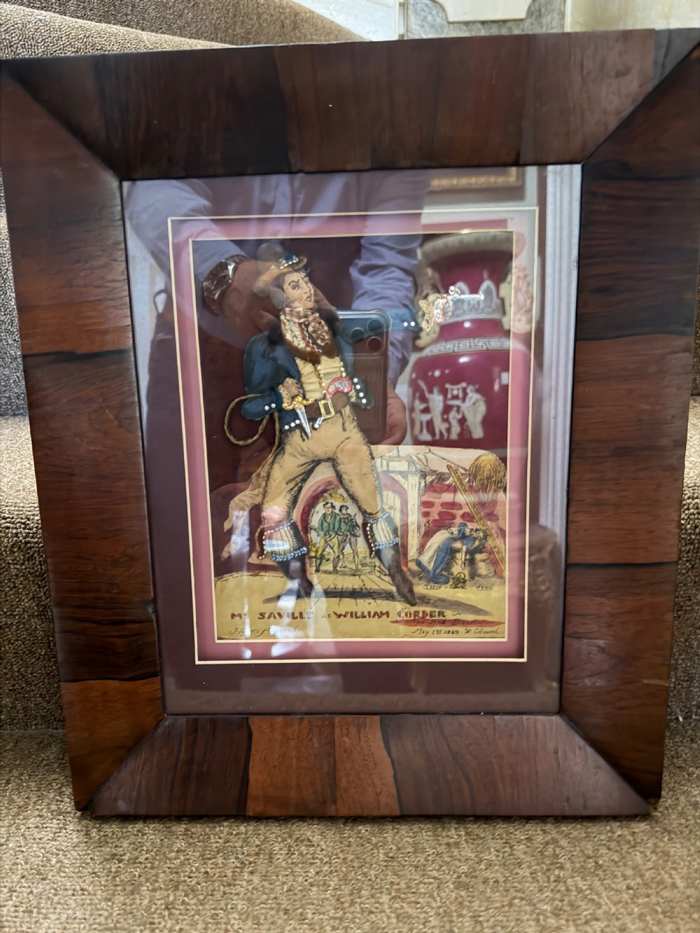 Six early to mid-19th-century framed theatrical tinsel prints displaying costumed figures within various wooden and gilt frames. View VI