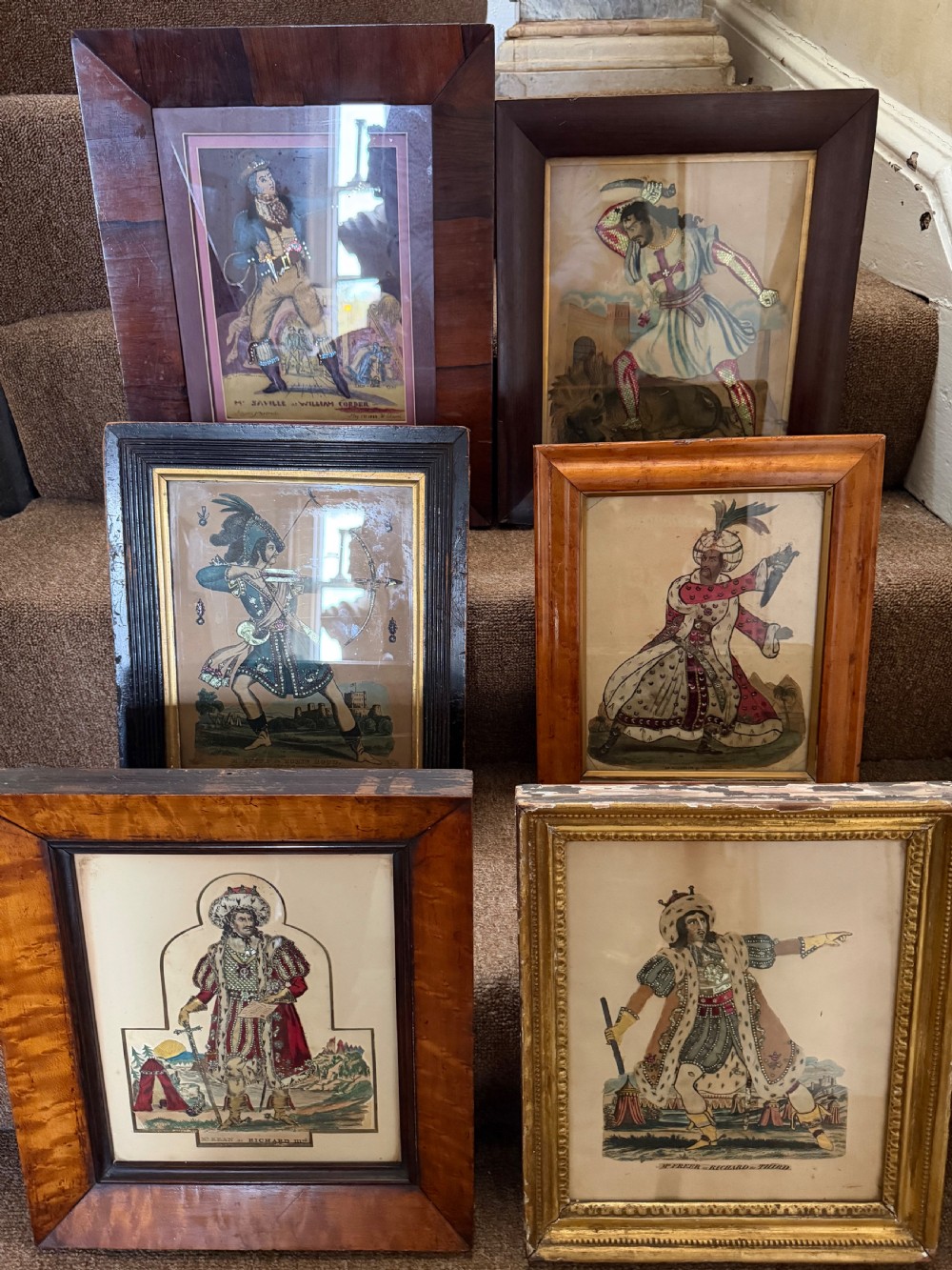 Six early to mid-19th-century framed theatrical tinsel prints displaying costumed figures within various wooden and gilt frames. View VII