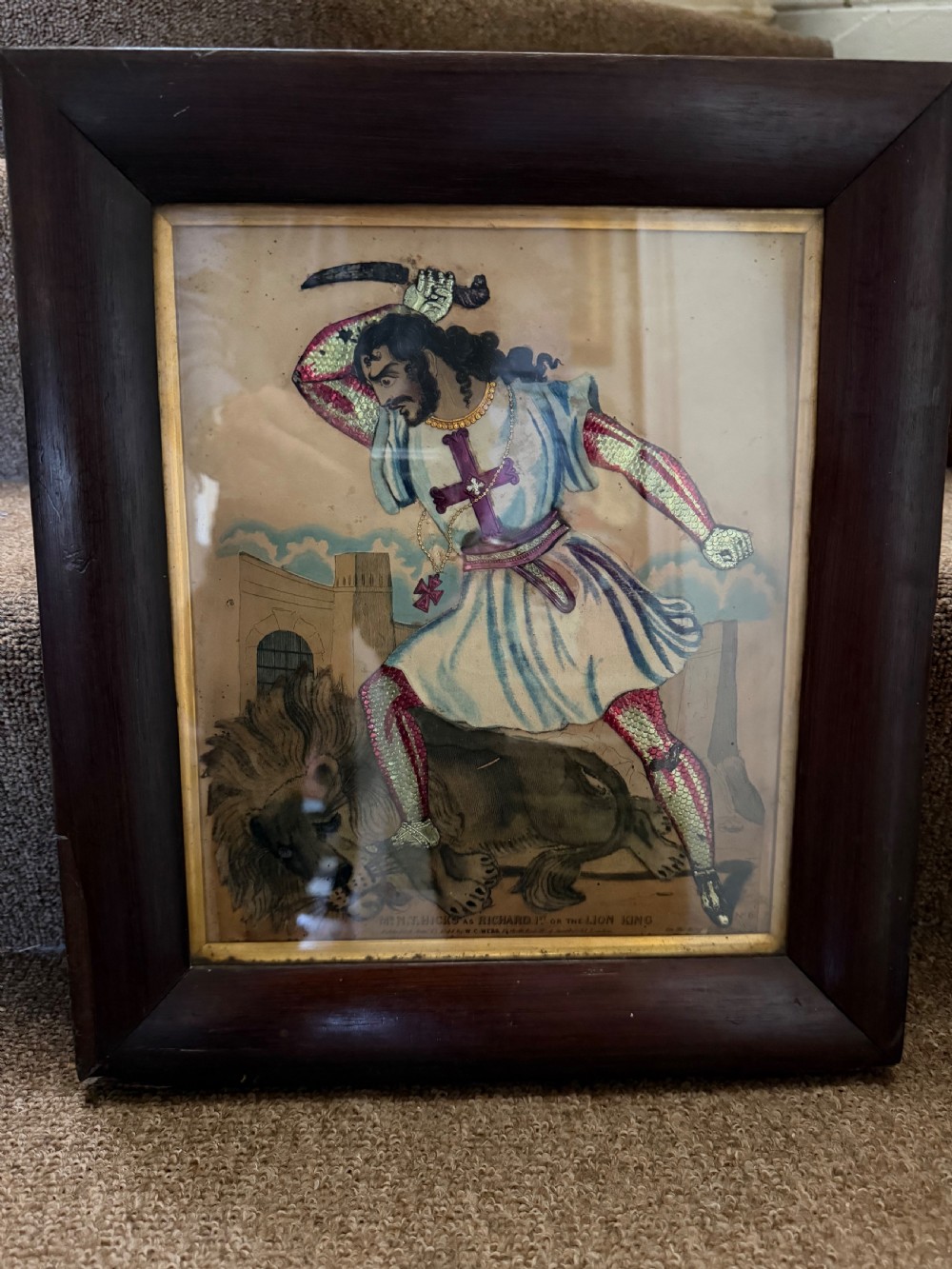 Six early to mid-19th-century framed theatrical tinsel prints displaying costumed figures within various wooden and gilt frames. View VIII