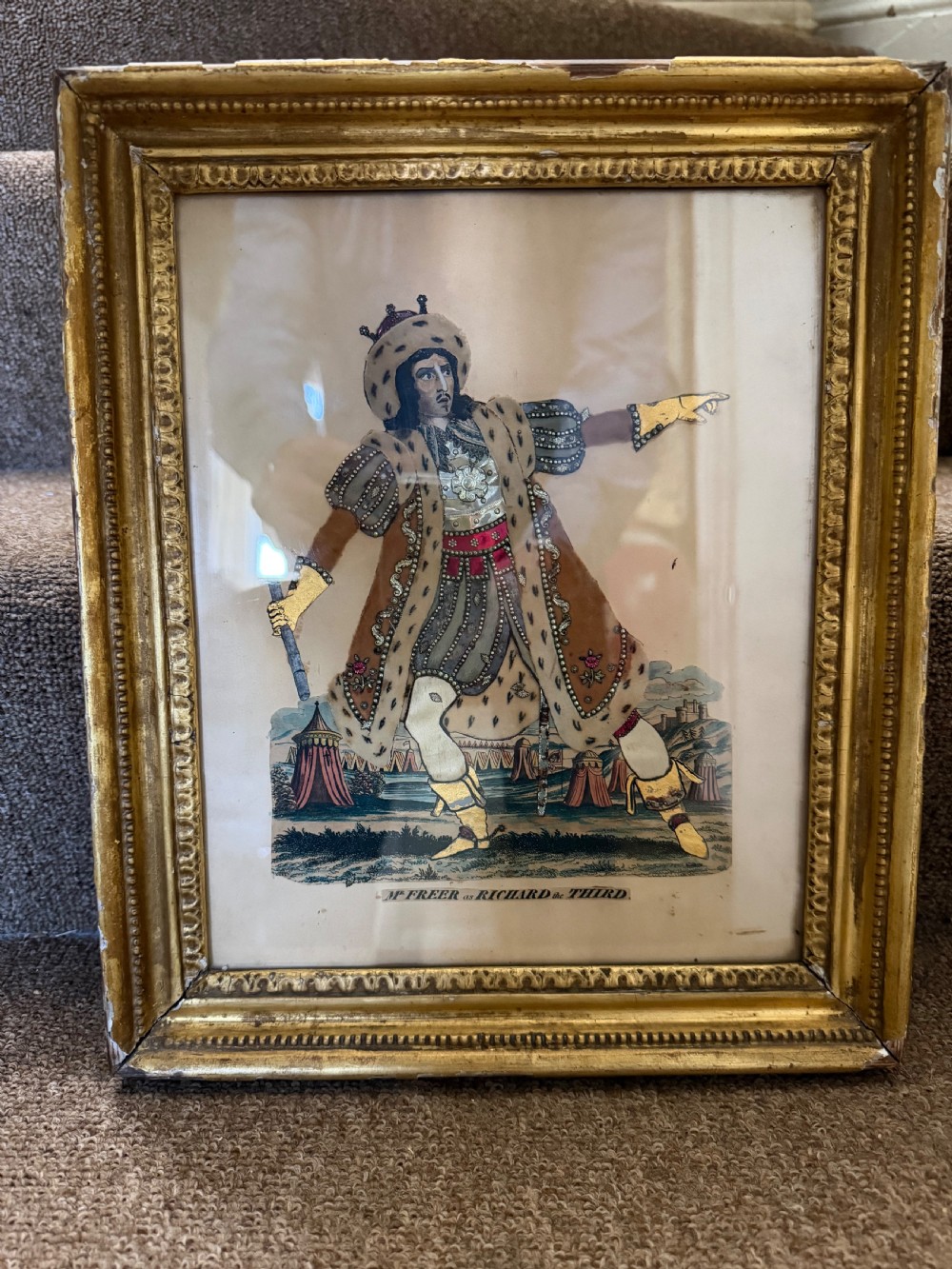 Six early to mid-19th-century framed theatrical tinsel prints displaying costumed figures within various wooden and gilt frames. View IX