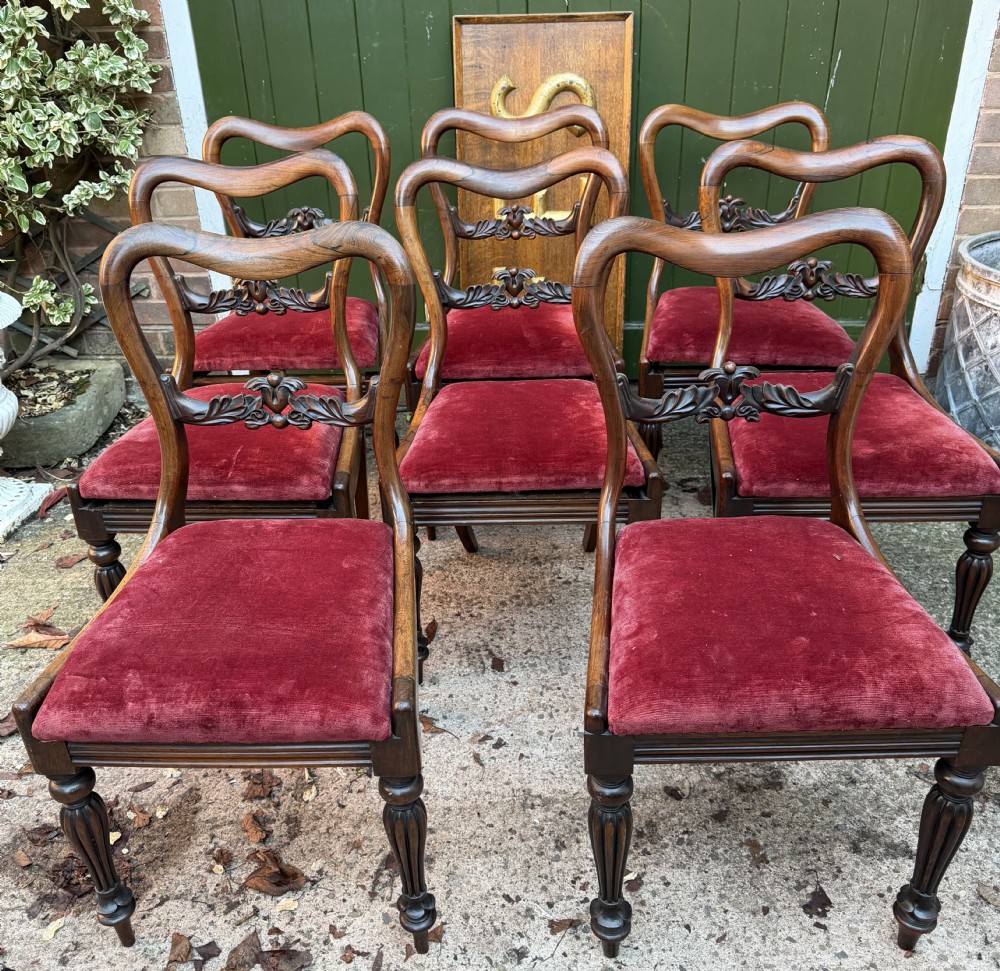 A set of eight early 19th-century William IV rosewood dining chairs with carved back rails, fluted front legs, and red velvet seats. View II
