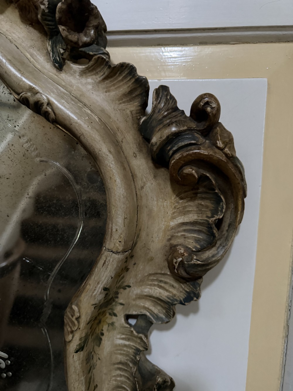 A pair of 19th-century Italian Venetian Rococo style wall mirrors featuring carved giltwood and polychrome frames surrounding etched glass depicting figures. View VIII