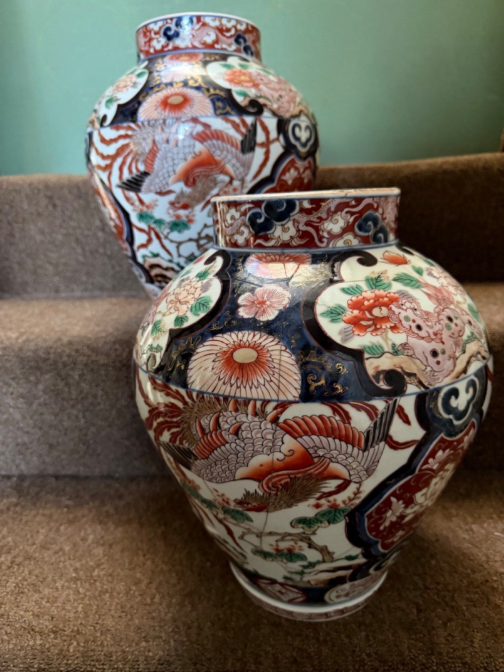 Pair of late C17th / early C18th Japanese Genroku period vases decorated in the Imari palette. View XVII