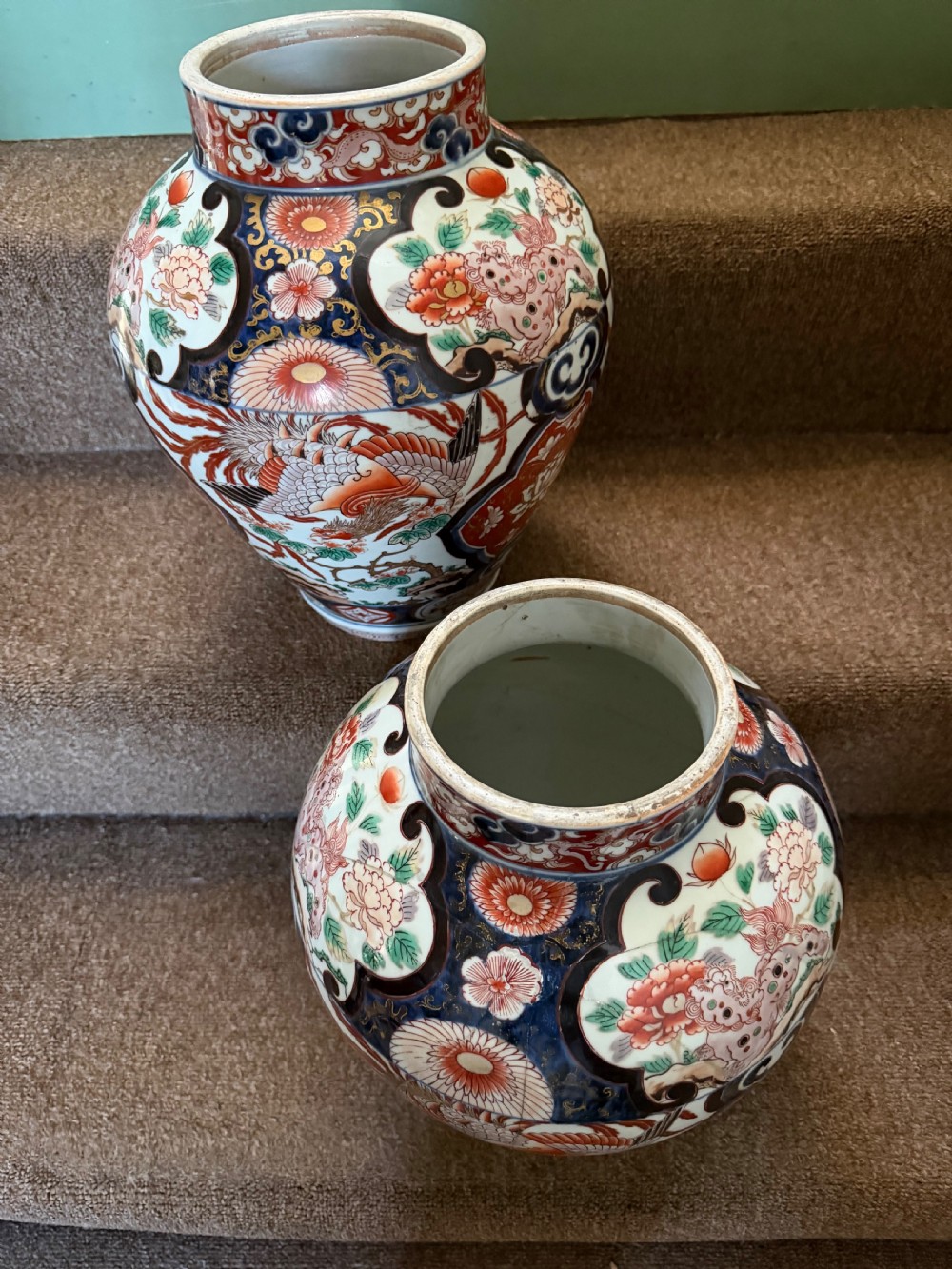 Pair of late C17th / early C18th Japanese Genroku period vases decorated in the Imari palette. View XVIII
