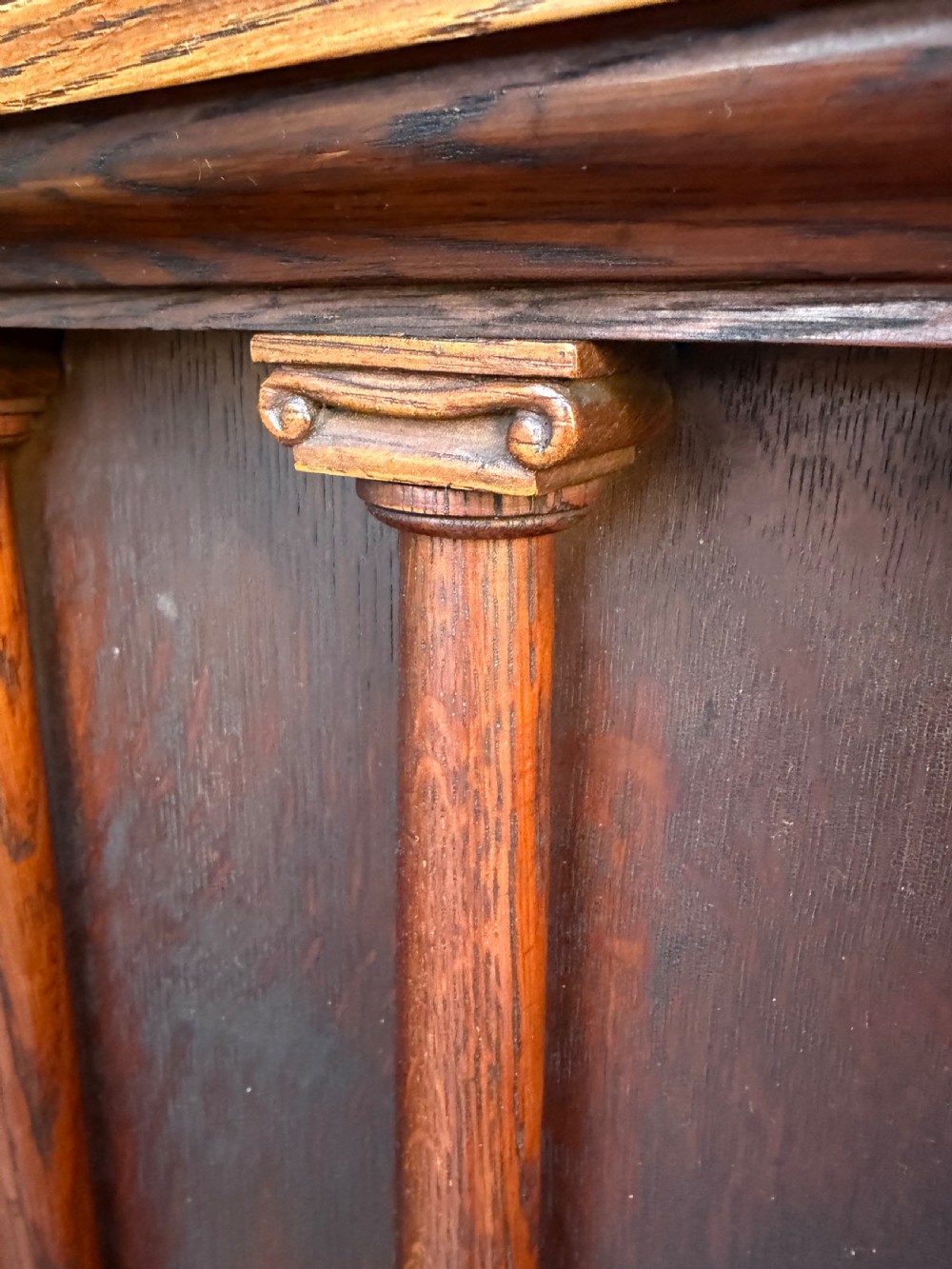 Interesting mid C19th oak armchair with an architectural ‘Palladian’ style classical back back .  View VI