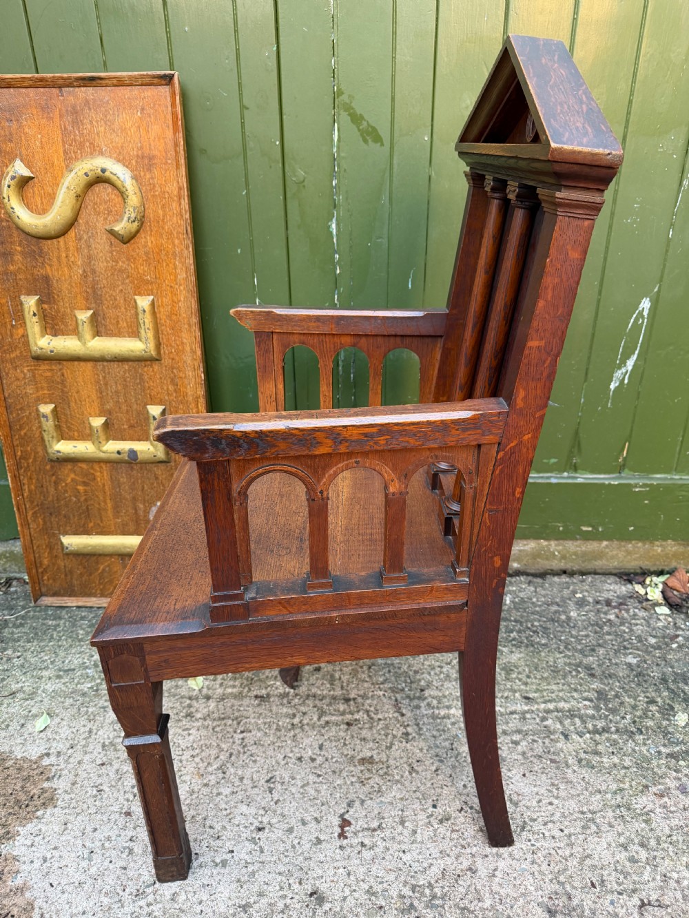 Interesting mid C19th oak armchair with an architectural ‘Palladian’ style classical back back .  View VII
