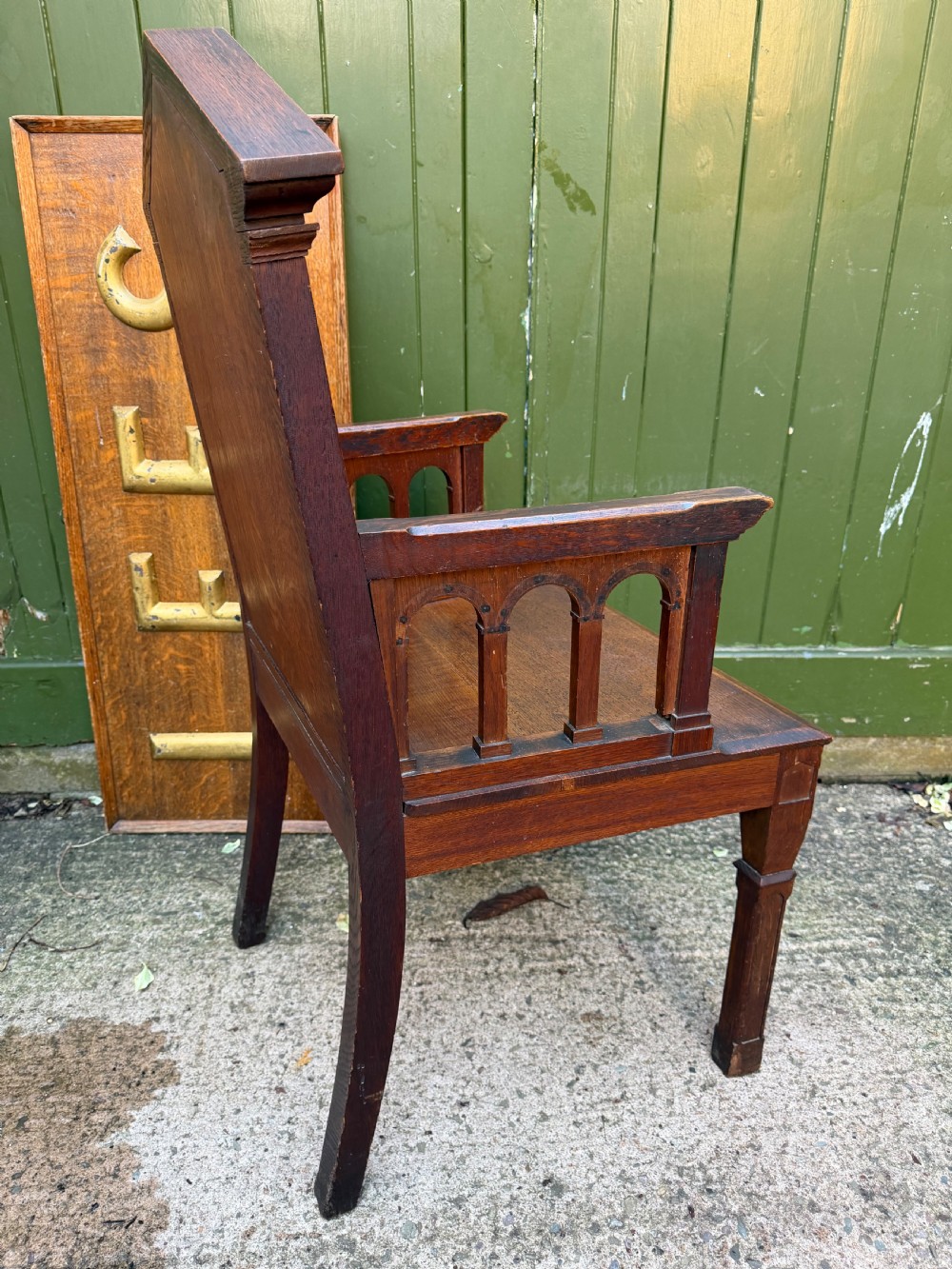 Interesting mid C19th oak armchair with an architectural ‘Palladian’ style classical back back .  View IX
