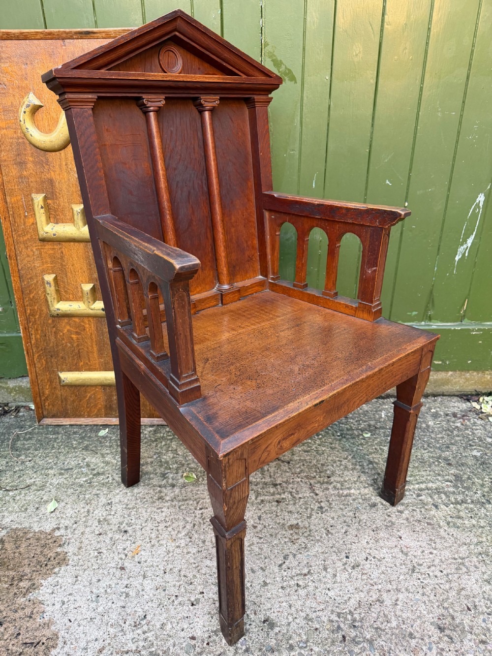 Interesting mid C19th oak armchair with an architectural ‘Palladian’ style classical back back .  View X