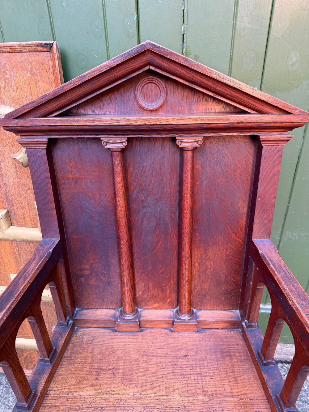 Interesting mid C19th oak armchair with an architectural ‘Palladian’ style classical back back .  View XI