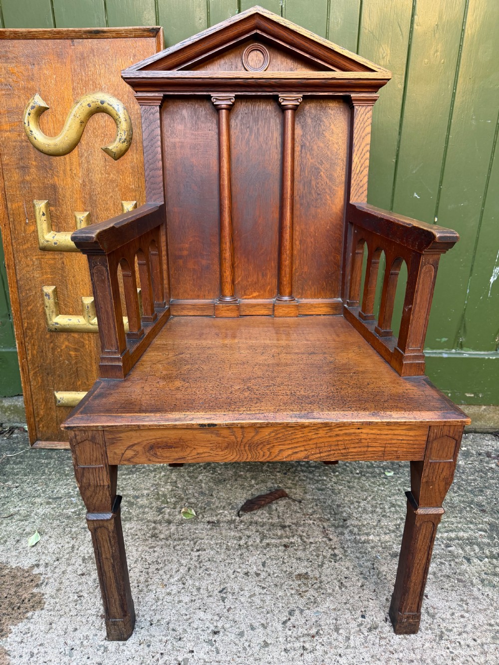 Interesting mid C19th oak armchair with an architectural ‘Palladian’ style classical back back .  View XIII