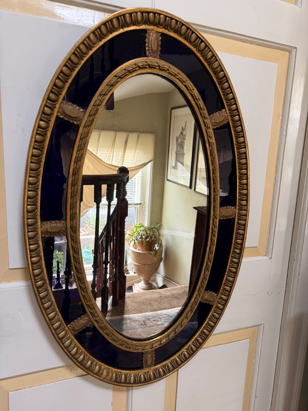 Decorative early C20th blue border glass oval gilt-wood framed mirror in the late C18th style . View VII