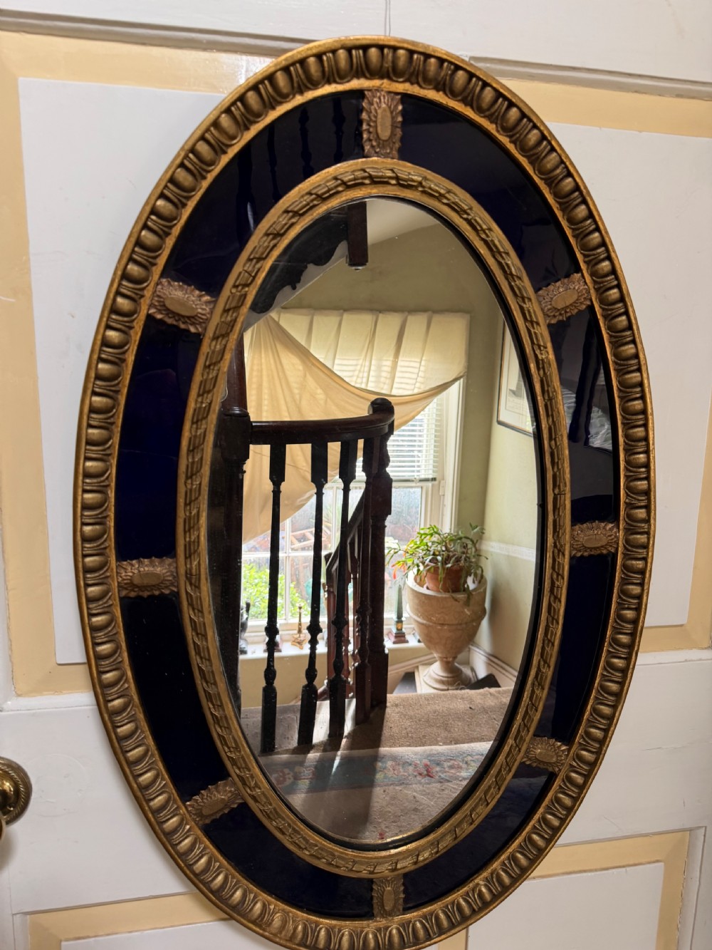 Decorative early C20th blue border glass oval gilt-wood framed mirror in the late C18th style . View VIII