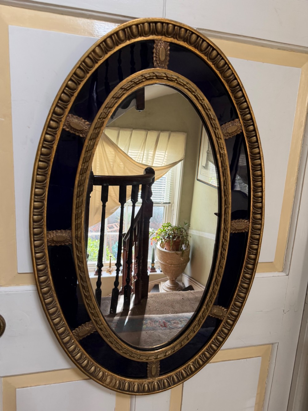 Decorative early C20th blue border glass oval gilt-wood framed mirror in the late C18th style . View XI