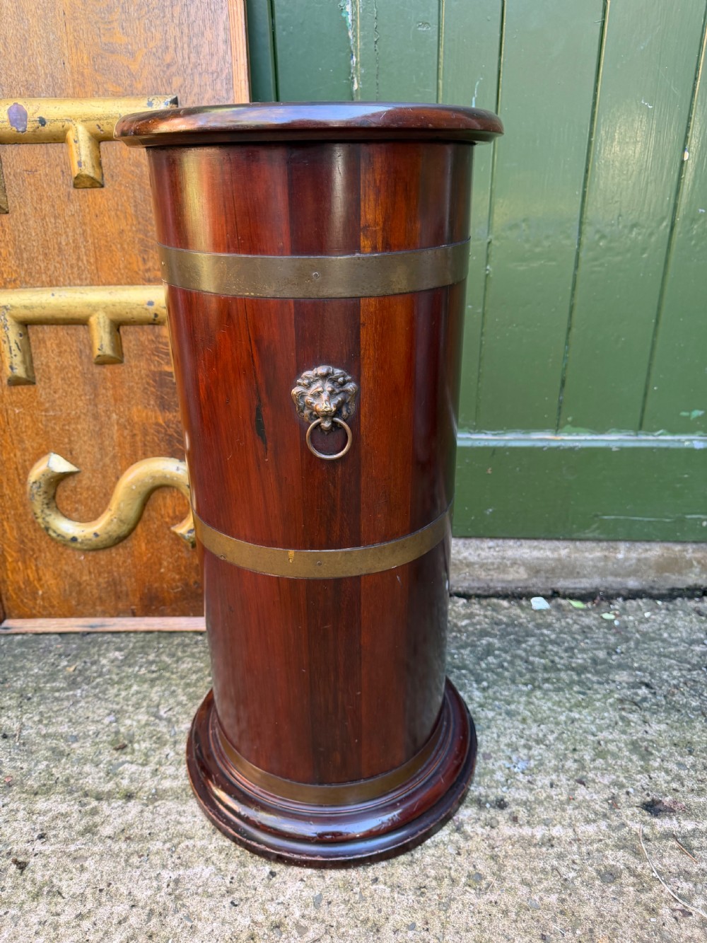 Mid C19th brass-bound mahogany cylindrical stick and umbrella stand .  View III