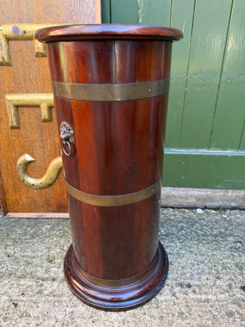 Mid C19th brass-bound mahogany cylindrical stick and umbrella stand .  View IV