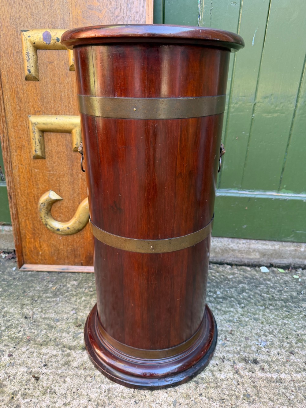 Mid C19th brass-bound mahogany cylindrical stick and umbrella stand .  View V