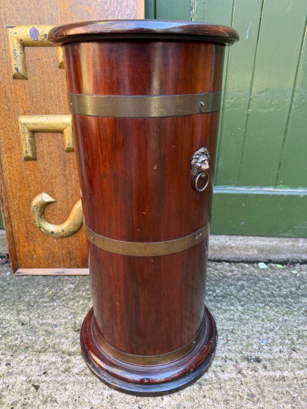 Mid C19th brass-bound mahogany cylindrical stick and umbrella stand .  View VI