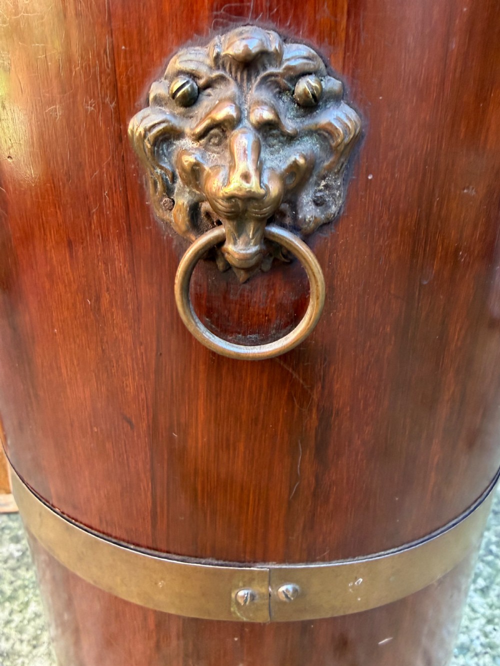 Mid C19th brass-bound mahogany cylindrical stick and umbrella stand .  View VII