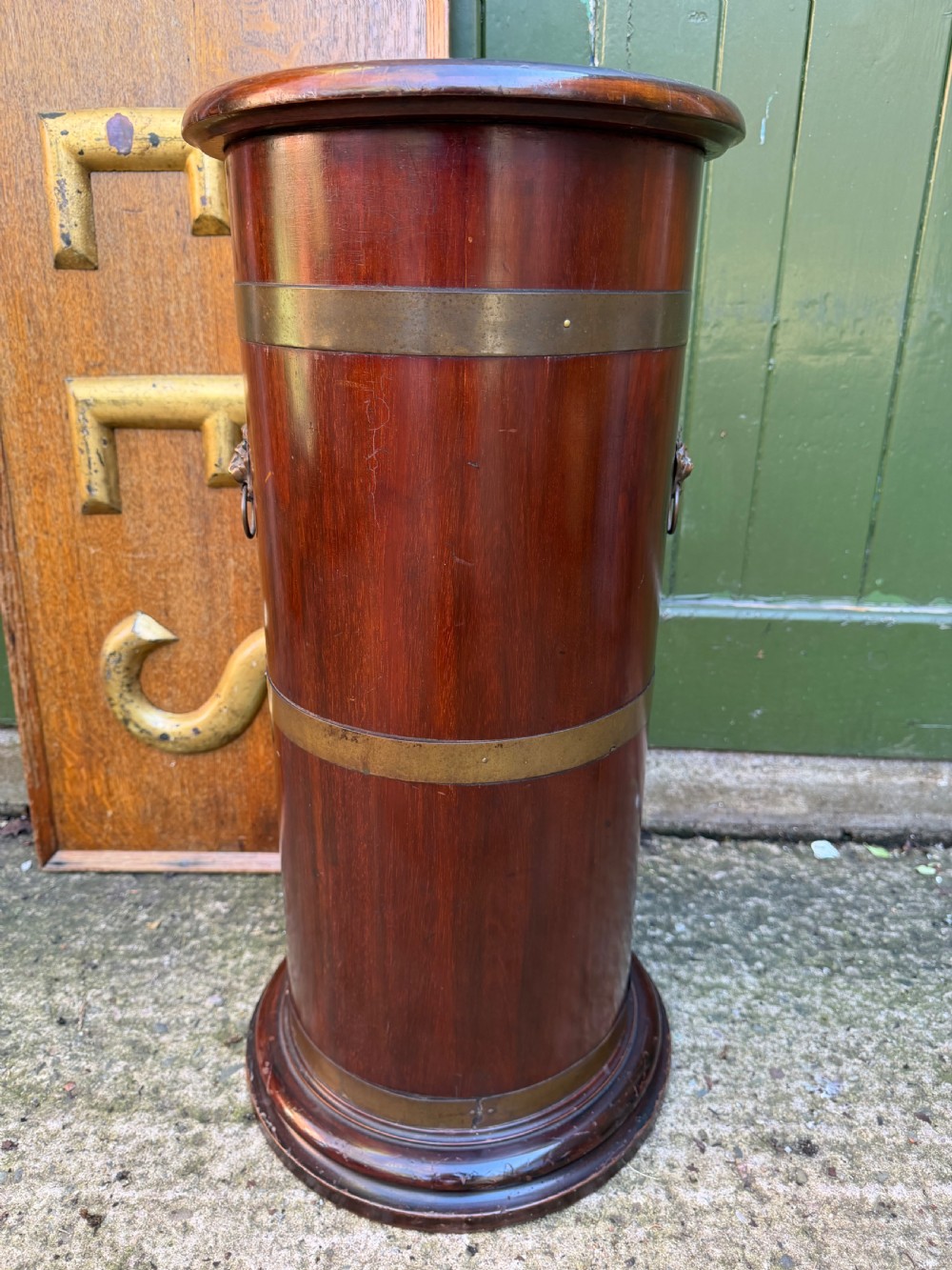 Mid C19th brass-bound mahogany cylindrical stick and umbrella stand .  View VIII